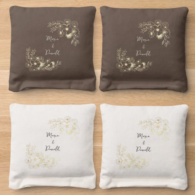 Boho Gold Wedding Cornhole Bags (Wood)