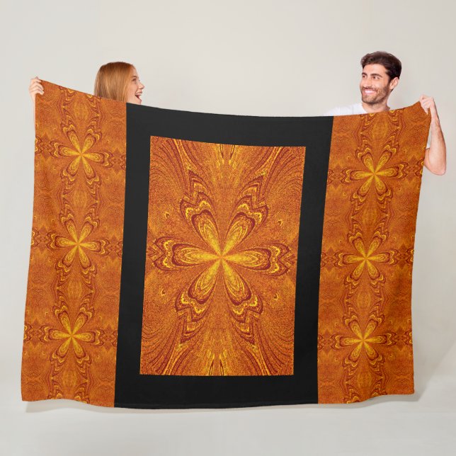 Boho Golden Gold Star Flower Rustic Fleece Blanket (In Situ)
