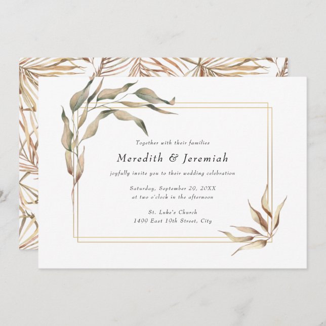 Boho Golden Greenery Wedding Invitation (Front/Back)
