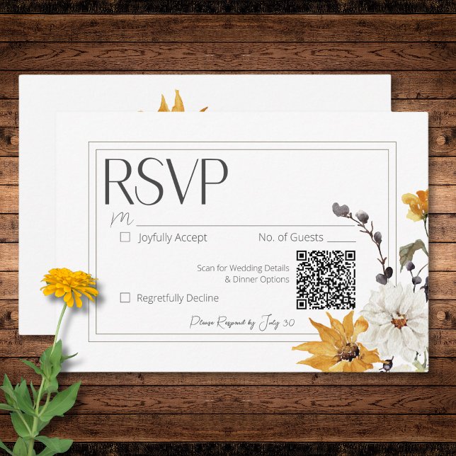 Boho Golden Yellow Meadow Flowers White QR Code RSVP Card (Boho Golden Yellow Meadow Flowers White QR Code RSVP Card)