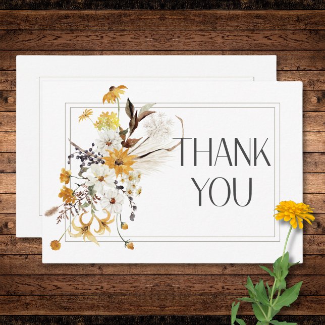 Boho Golden Yellow Meadow Flowers White Wedding Thank You Card (Boho Golden Yellow Meadow Flowers White Wedding Thank You Card)