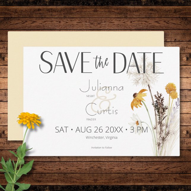 Boho Golden Yellow Meadow Flowers Yellow Wedding Save The Date (Boho Golden Yellow Meadow Flowers Yellow Wedding Save The Date)