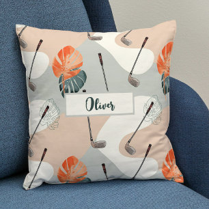 Boho Golf Clubs Pattern with Tropical Leaves Throw Pillow
