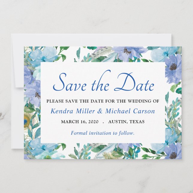 Boho Gorgeous Sapphire Blue Floral Save The Date (Front)