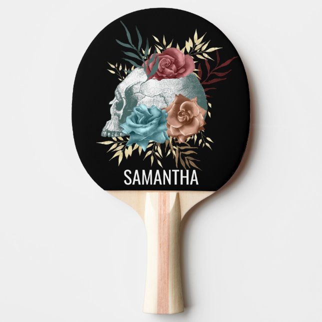Boho Goth floral Skull Personalized name Ping Pong Paddle (Front)