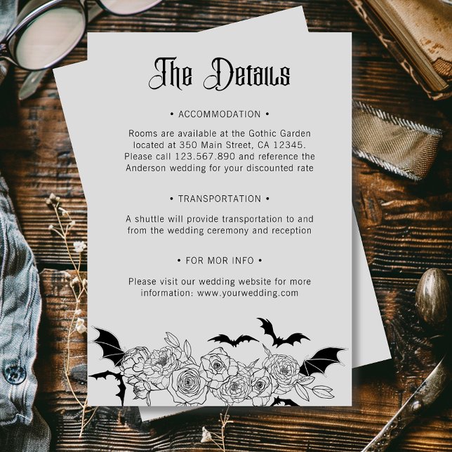 Boho Gothic Botanical Gray Wedding Details Enclosure Card (Creator Uploaded)