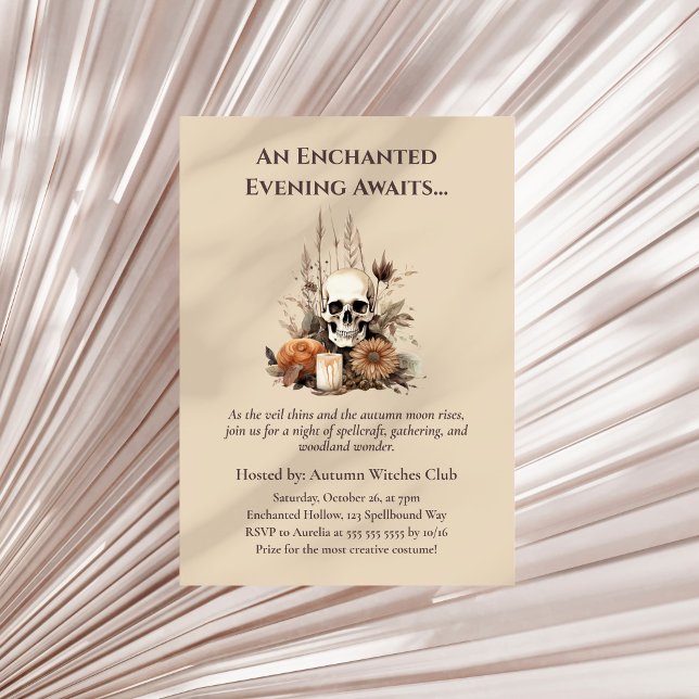 Boho Gothic Fall Party with Skull and Flowers Invitation (Boho Gothic Fall Party with Skull and Flowers Invitation on a boho neutral dry palm leaf)