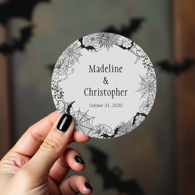 Boho Gothic Floral Gray Wedding Classic Round Sticker (Creator Uploaded)