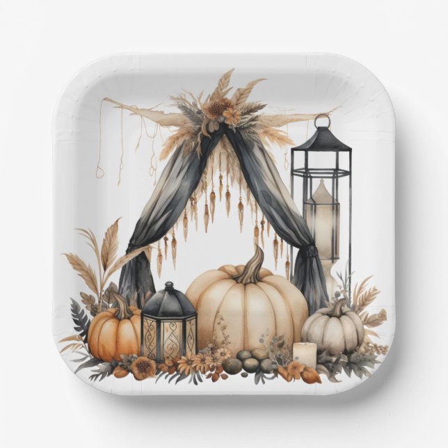Boho Gothic Halloween Party - Pumpkins and Lantern Paper Plates (Front)