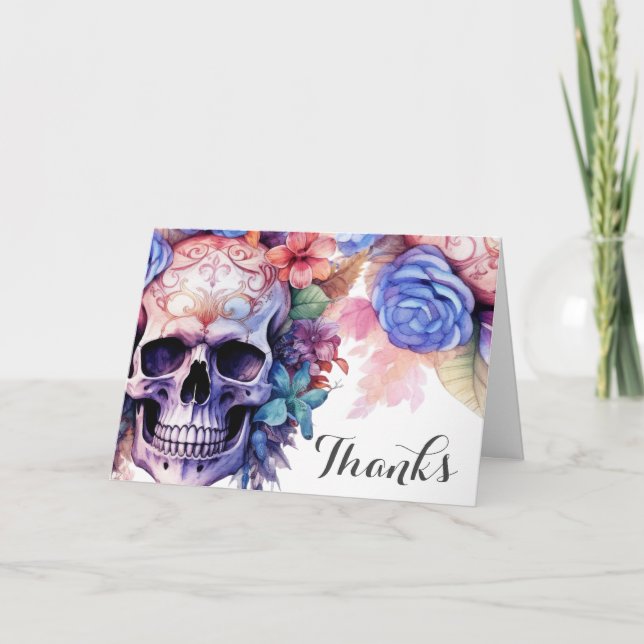 Boho Gothic Skull & Flowers Handfasting Thank You Card (Front)
