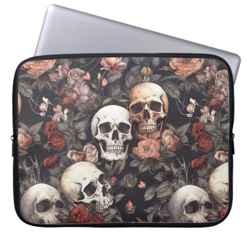 Boho Gothic Skull with flowers Pattern Laptop Sleeve