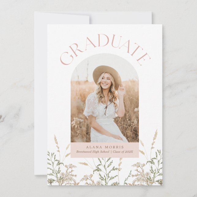 Boho Graduate Arch Pink and Green Graduation Photo Invitation (Front)