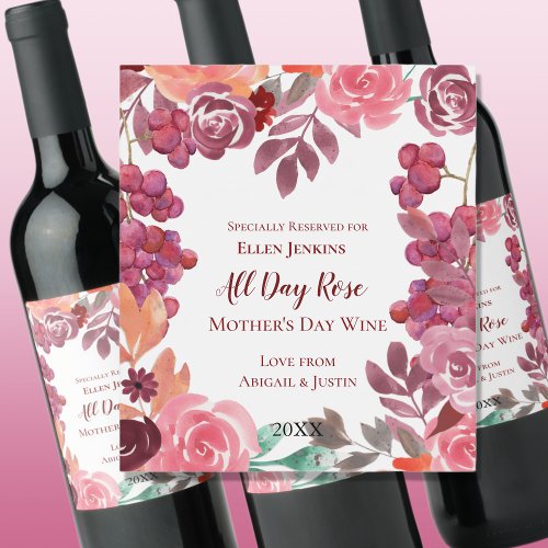 Boho Grapes and Roses Mothers Day Wine Label