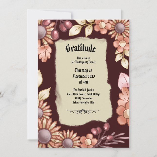 Boho Gratitude Old Fasion Dinner Invitation (Front)