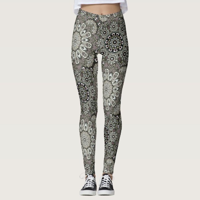 Boho Gray Black Mandala Pattern Leggings (Front)