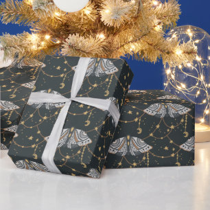 Boho Gray Celestial Moth Pattern Wrapping Paper