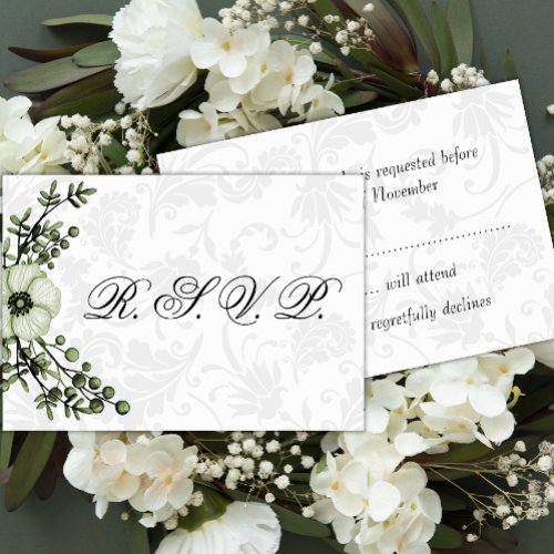 Boho Gray Damask and Green Floral Wedding RSVP