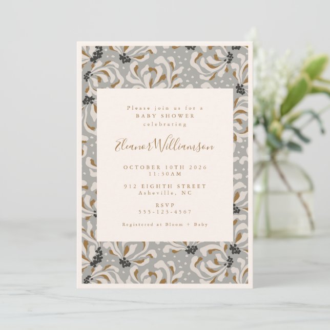 Boho Gray Gold Floral Botanical Baby Shower Invitation (Standing Front)