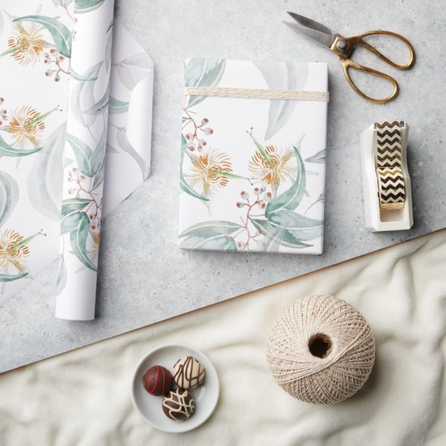 Boho Gray Mint Watercolor Eucalyptus Floral Wrapping Paper (Crafts)