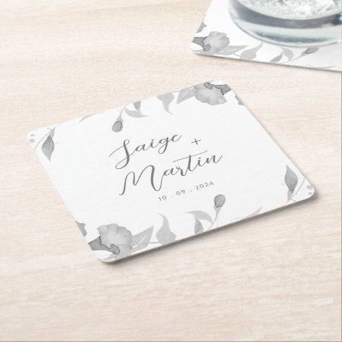 Boho Gray Watercolor Dcor Floral Wedding Party Square Paper Coaster