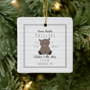 Boho Gray Wood Bear Cub Baby Boy Birth Stats Ceramic Ornament