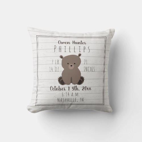 Boho Gray Wood Bear Cub Baby Boy Birth Stats Throw Pillow