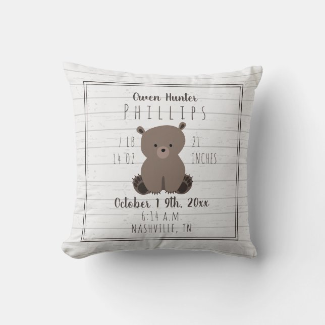 Boho Gray Wood Bear Cub Baby Boy Birth Stats Throw Pillow (Front)