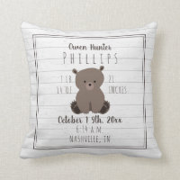 Boho Gray Wood Bear Cub Baby Boy Birth Stats Throw Pillow