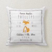 Boho Gray Wood Fox Baby Boy Birth Stats Throw Pillow