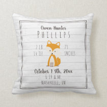 Boho Gray Wood Fox Baby Boy Birth Stats Throw Pillow