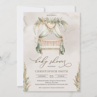 Boho green and brown pampas grass baby crib  invitation