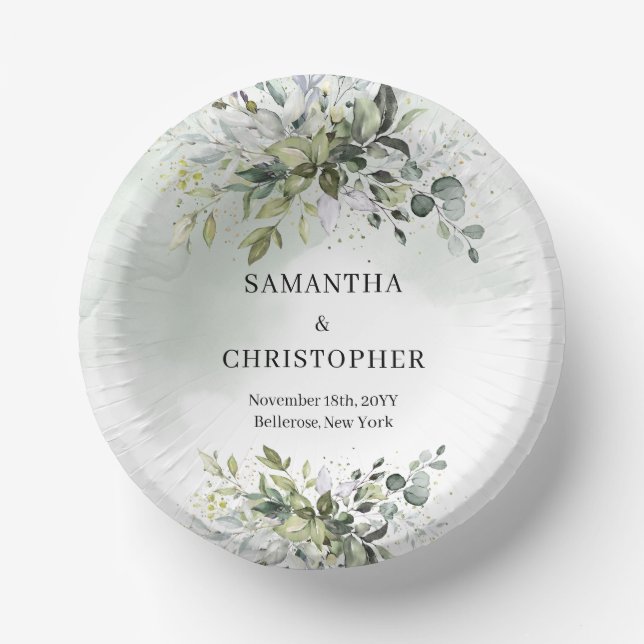 Boho green and gold eucalyptus foliage chic paper bowls (Front)