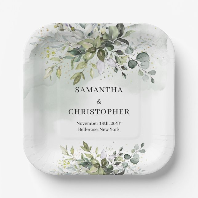 Boho green and gold eucalyptus foliage chic paper plates (Front)