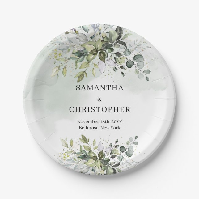 Boho green and gold eucalyptus foliage chic paper plates (Front)