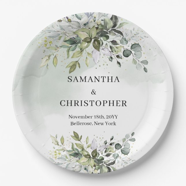 Boho green and gold eucalyptus foliage chic paper plates (Front)