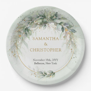 Boho green and gold eucalyptus foliage chic paper plates