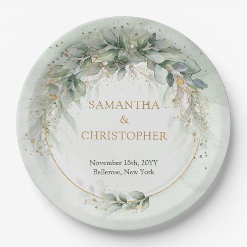 Boho green and gold eucalyptus foliage chic paper plates