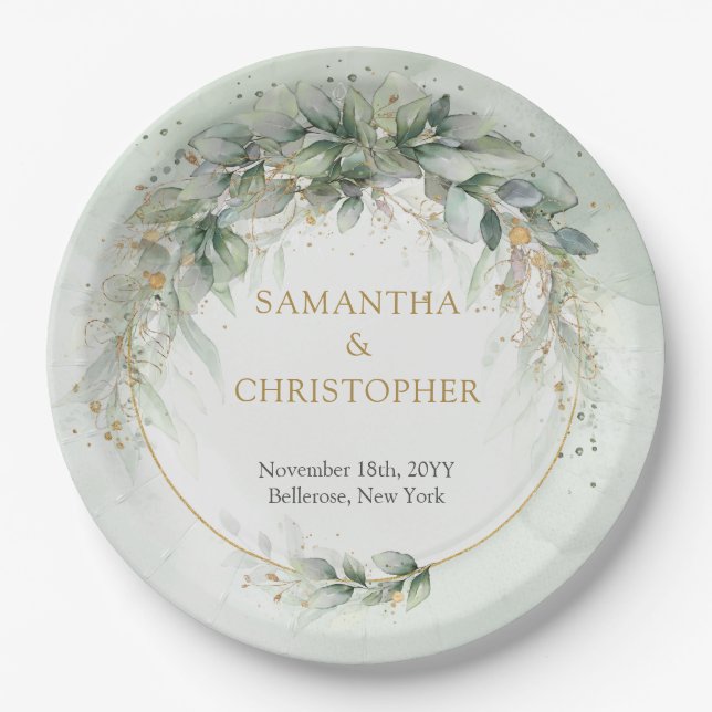 Boho green and gold eucalyptus foliage chic paper plates (Front)