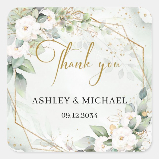 Boho green and gold white flowers wedding sticker (Front)