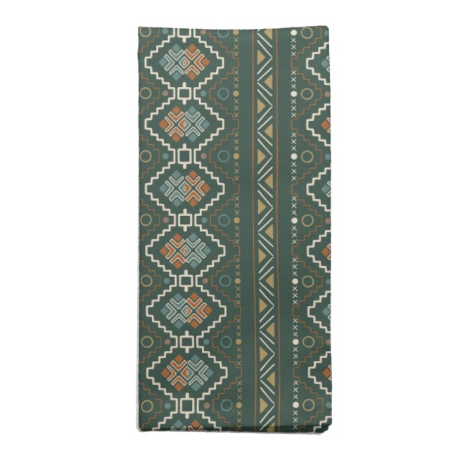 Boho Green and Terracotta Brown Tribal Pattern Cloth Napkin (Folded)