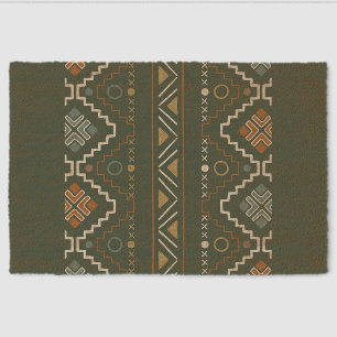 Boho Green and Terracotta Brown Tribal Pattern Fiber Doormat