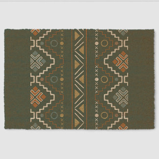 Boho Green and Terracotta Brown Tribal Pattern Fiber Doormat