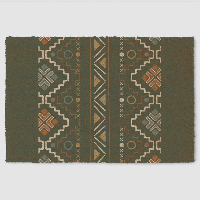 Boho Green and Terracotta Brown Tribal Pattern Fiber Doormat (Front)
