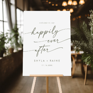 Boho Green and White Happily Wedding Welcome Sign