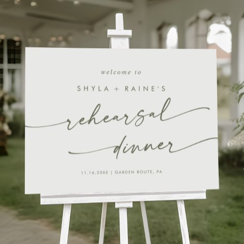 Boho Green and White Rehearsal Dinner Welcome Sign