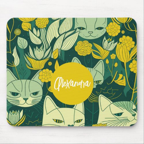 Boho Green and Yellow Cat Lover  Mouse Pad