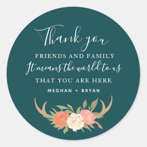 Boho Green Antlers Wedding Thank You Classic Round Sticker