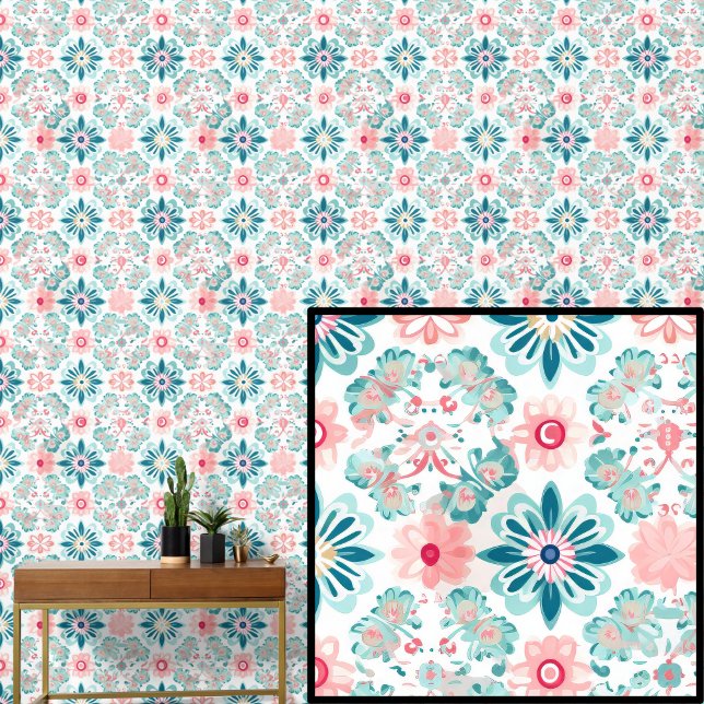 Boho Green Aqua Pink Flowers Abstract Floral Wallpaper (Creator Uploaded)