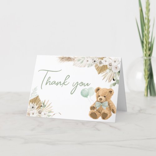 Boho Green Bear Baby Shower  Thank You Card