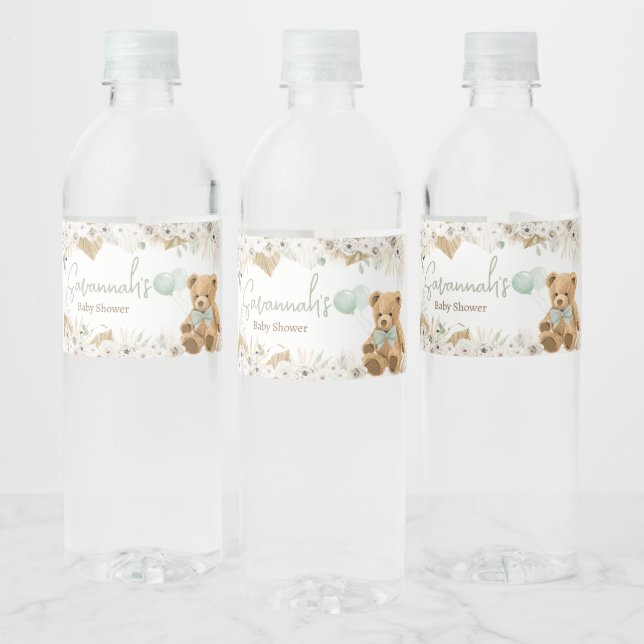 Boho Green Bear Baby Shower  Water Bottle Label (Bottles)